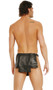 Studded leather apron style kilt with nail head trim, tiered flaps, open sides and adjustable buckle closures.