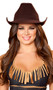 Brown cowgirl hat. Hat is made from a stiff felt-like material.