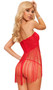 Strapless babydoll with lace bodice, fringe skirt, and hook and eye closure. Includes matching G-string.