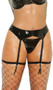 Vinyl garter belt. Back is adjustable, clasp closure. Garters are adjustable, satin ribbon detail.