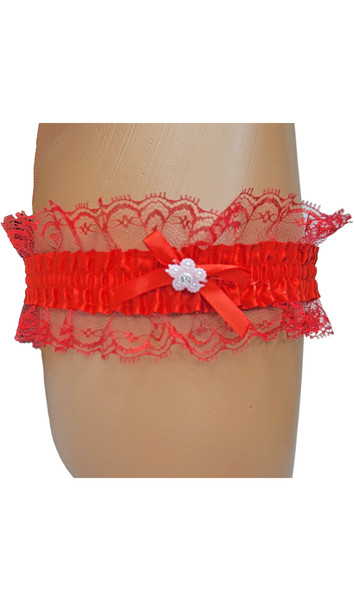 Stretch satin leg garter with lace trim, mini satin bow and faux jewel flower shaped accent.
