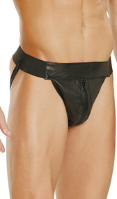 Leather zip front jock strap. Elastic back for a comfortable fit.