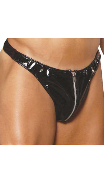 Men's vinyl thong with zip-up front, lycra back.