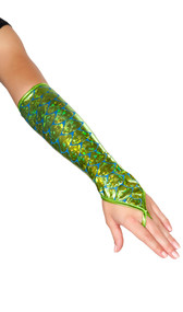 Iridescent fingerless elbow length gloves with mermaid scale print and finger loop.