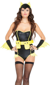Bat to the Bone costume includes wet look strapless bodysuit with neon yellow trim, ears headpiece, and arm bands. Three piece set.