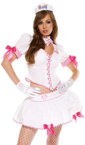 Eye Candy nurse costume includes white short sleeve top with pink and white candy-striped trim, satin bow detail on its puff sleeves, and lace up front. Matching skirt and hat also included. Three piece set.