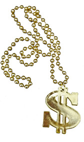 Dollar Sign Medallion plastic bead necklace with high-shine gold color finish.