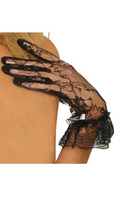 Lace wrist length gloves with ruffle trim.