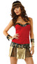 Gladiator costume includes strapless studded bustier with faux leather trim, matching skirt with chain detail, headband and wristlets. Four piece set.
