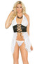 Mesh halter neck flyaway babydoll with lace up satin front and lace ruffle trim. Matching g-string included.