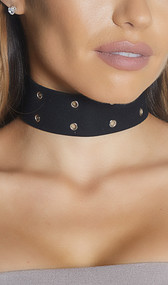 Wide choker with two row grommet detail and adjustable lobster clasp closure.