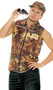 Rack Hunter costume includes camouflage zip front sleeveless shirt and hat. Patch says "Big Rack Hunting Club".