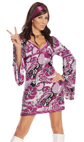 Vintage Vixen retro costume includes paisley print dress with bell sleeves and satin head piece. Two piece set.