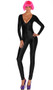 Metallic long sleeve catsuit with deep V front zipper opening.