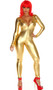 Metallic long sleeve catsuit with deep V front zipper opening.
