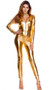 Metallic long sleeve catsuit with deep V front zipper opening.