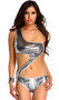 One shoulder sequin monokini swimsuit with diagonal strap and metallic piping. Fully lined.