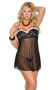 Sheer mesh babydoll features underwire, demi cups in polka dot charmeuse with ruffle trim, adjustable straps and hook and eye back closure. Matching g-string included.