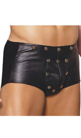 Leather shorts with break away front and studded detail. Lycra back to ensure a snug and comfortable fit.