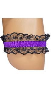 Satin leg garter with black lace trim.