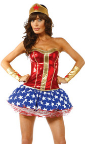 Bam! Superhero couture costume includes strapless metallic bustier with zipper back closure, ruffled mesh petticoat skirt with star print top layer, metallic star headband and matching arm bands. Four piece set.