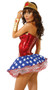 Bam! Superhero deluxe costume includes metallic strapless bustier with zipper back closure, star spangled ruffled petticoat skirt, headband and arm bands. Four piece set.