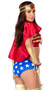 Sultry Strength costume includes metallic two-toned bandeau top, star spangled cheeky shorts, cape, lasso, headband and gauntlets. Six piece set.