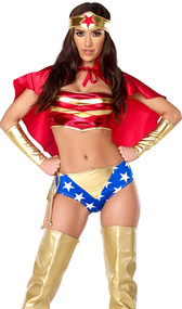 Sultry Strength costume includes metallic two-toned bandeau top, star spangled cheeky shorts, cape, lasso, headband and gauntlets. Six piece set.