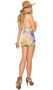 Tie dye mini dress with a plunging deep V neckline, double shoulder straps, and layered skirt.