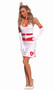 Vaccinating Vixen nurse costume includes dress, gloves, waist cincher, belt and hat. Five piece set.