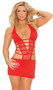 Strappy deep V Lycra and net halter neck mini dress with cut outs and ruched back.