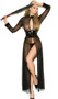 Sheer mesh long sleeve gown with vinyl accents, keyhole front, flyaway front and back, and adjustable hook and eye back closure. Matching vinyl G-String with elastic back included.  Two piece set.