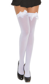 Opaque nylon thigh high stockings with satin bow.