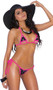 Polka dot Lycra halter neck bikini top with cut out triangle cups, halter neck, and contrast neon pink trim. Matching side-tie thong included. Two piece set.