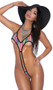 Rainbow Lycra monokini with halter neck, black trim and adjustable back.