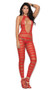 Opaque and diamond net halter neck striped footless bodystocking with large keyhole front opening and open crotch.