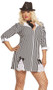 Gangster Girl mafia costume includes 3/4 sleeve striped dress with collar, zipper front, lace inserts and bow detail. Neck tie also included. Two piece set.