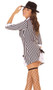 Gangster Girl mafia costume includes 3/4 sleeve striped dress with collar, zipper front, lace inserts and bow detail. Neck tie also included. Two piece set.