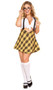 Tempting School Girl costume includes short sleeve tie front crop top, and plaid high-waisted skirt with suspenders and oversized buttons. Two piece set.