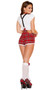 Teachers Pet school girl costume includes short sleeve tie front crop top, and high-waisted shorts with ruffle trim and suspenders with button detail. Two piece set.