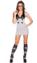 Sultry Detention Diva school girl costume includes sleeveless dress with wet look bust, collar, ruffle trim, large button details, and back slit. One piece set.