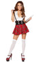 Teasing School Girl costume includes sleeveless dress with deep V neckline, collar, zipper closure, button detail and attached suspenders. One piece set.