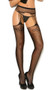 Fishnet suspender pantyhose with floral design.