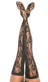 Wet look thigh high tights feature sheer floral lace front panels and full wet look back. Four way stretch for a perfect fit.