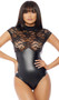 Matte bodysuit with contrast lace top, mock neck, cap sleeves and back zipper closure.