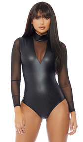 Mock neck perforated bodysuit with mesh long sleeves and deep V chest inset.
