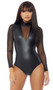 Mock neck perforated bodysuit with mesh long sleeves and deep V chest inset.