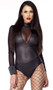 Mock neck perforated bodysuit with mesh long sleeves and deep V chest inset.