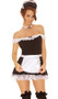 Sexy Maid costume includes: off the shoulder dress with lace trim and satin bow detail, satin apron, neck piece and head piece. Four piece set.