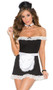 Sexy Maid costume includes: off the shoulder dress with lace trim and satin bow detail, satin apron, neck piece and head piece. Four piece set.